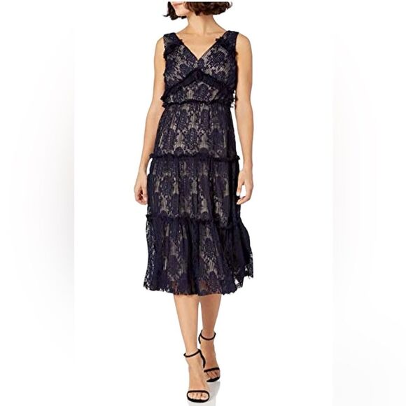 Maggy London Women's Petite Pleat Lace Tiered Cocktail Dress, Galaxy Blue Size 6 - Picture 1 of 9